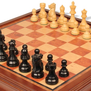 Fischer-Spassky Commemorative Chess Set - Ebonized & Boxwood Pieces - Elm Burl Bird's-Eye Maple Two-Drawer Chess Case - 3.75" King image 2