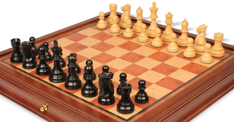 Fischer-Spassky Commemorative Chess Set - Ebonized & Boxwood Pieces - Elm Burl Bird's-Eye Maple Two-Drawer Chess Case - 3.75" King image 2