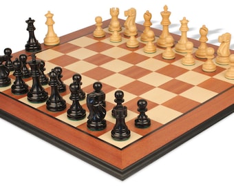 Deluxe Old Club Staunton Chess Set - Ebony & Boxwood Pieces - Mahogany Molded Edge Chess Board - 3.75" King
