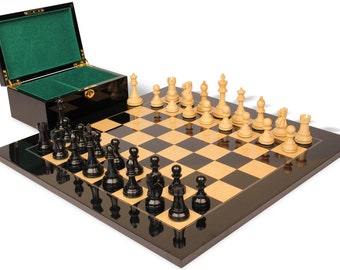 British Staunton Chess Set - Ebonized & Boxwood Pieces - Black  Ash Burl Chess Board  Box - 3.5" King