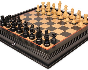 German Knight Staunton Chess Set - Ebonized & Boxwood Pieces - Black  Bird's-Eye Maple Two-Drawer Chess Case - 3.25" King