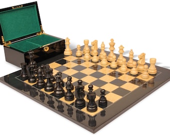 French Lardy Staunton Chess Set - Ebonized & Boxwood Pieces - Black  Ash Burl Chess Board  Box - 3.75" King