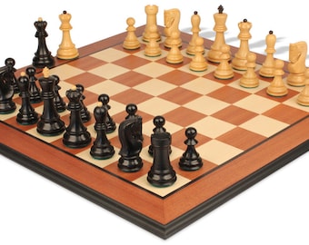 Zagreb Series Chess Set - Ebonized & Boxwood Pieces - Mahogany Molded Edge Chess Board - 3.25" King