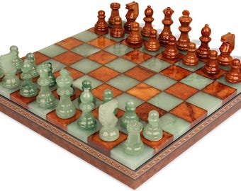 Scali Alabaster Chess Set with Storage Tray - Brown & Green - 15"