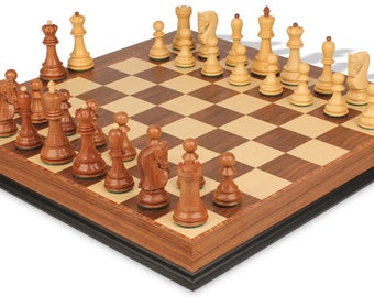 Zagreb Series Chess Set - Golden Rosewood & Boxwood Pieces - Walnut Molded Edge Chess Board - 3.875" King