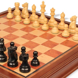 Fischer-Spassky Commemorative Chess Set - Ebonized & Boxwood Pieces - Elm Burl Bird's-Eye Maple Two-Drawer Chess Case - 3.75" King image 3