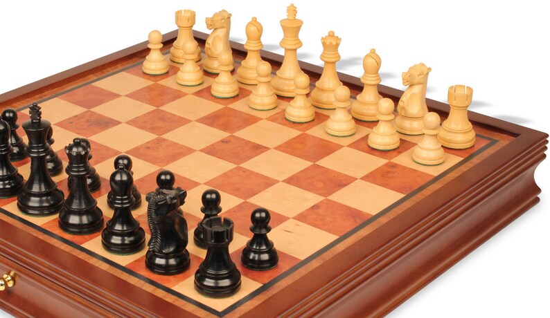 Fischer-Spassky Commemorative Chess Set - Ebonized & Boxwood Pieces - Elm Burl Bird's-Eye Maple Two-Drawer Chess Case - 3.75" King image 3