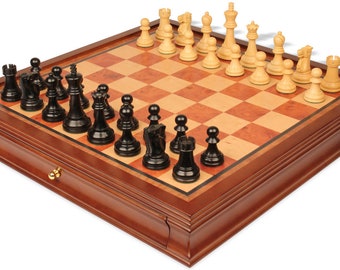 Reykjavik Series Chess Set - Ebonized & Boxwood Pieces - Elm Burl  Bird's-Eye Maple Two-Drawer Chess Case - 3.75" King