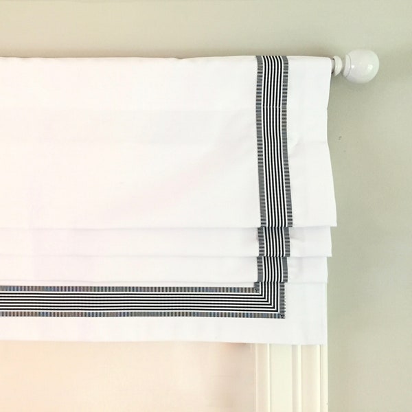 Faux (fake) flat roman shade valance.  White twill cotton fabric with Vertigo Stripe Navy ribbon trim.