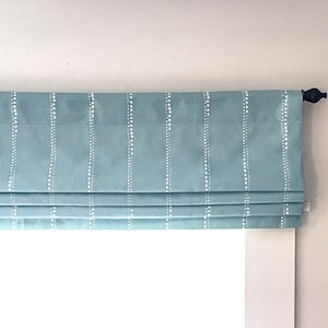 Faux (fake) flat roman shade valance. Custom Sizing. Premier Prints Carlo Spa Blue.