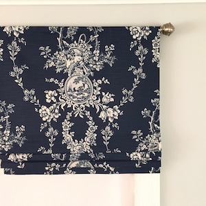 Faux (fake) flat roman shade valance.  Custom Sizing.  Waverly Country House Toile Indigo Blue Linen.