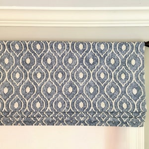 Perfect Solution!  Faux (fake) flat roman shade valance.  Custom Sizing.  Magnolia Home Fashions Pisa Sky.