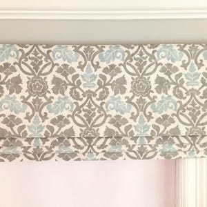 Faux (fake) flat roman shade valance. Custom Sizing.  Waverly Anika Spa.  Cream, Blue and Grey.  Other colors are available:)
