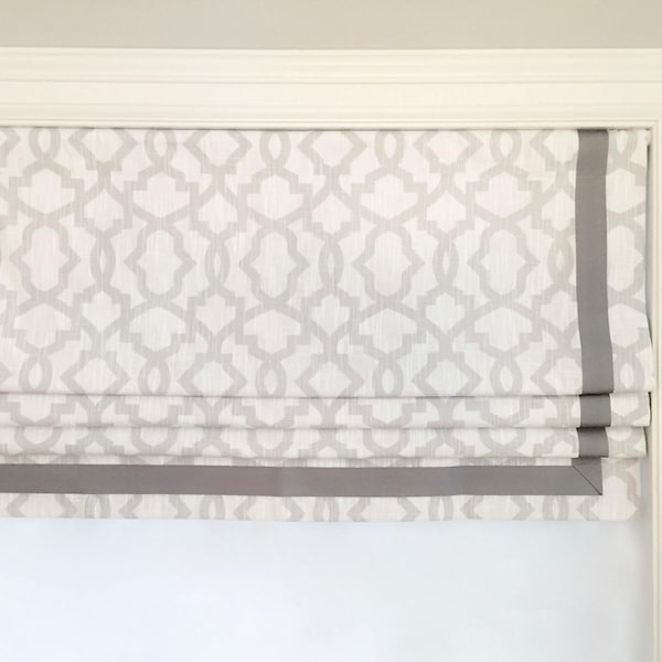 Faux (fake) flat roman shades, valance, with grosgrain ribbon.  The perfect solution.  Sheffield French With Pewter Ribbon.