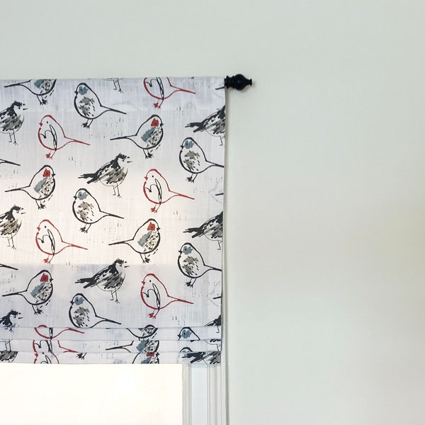 Faux Roman Shade Valance. Custom Sizing. Premier Prints Bird Toile Scarlet.