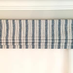 Faux (fake) Flat Roman Shade Valance.  Magnolia Home Fashions Brunswick Denim.  Beige and Blue. Other colors available.