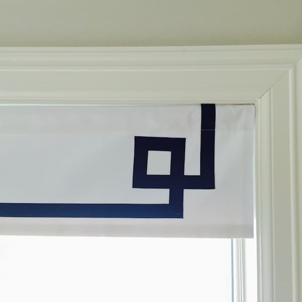 Straight Valance.  White Twill With A Greek Key Ribbon Design.  Custom Sizing Available Up To 50" Wide.