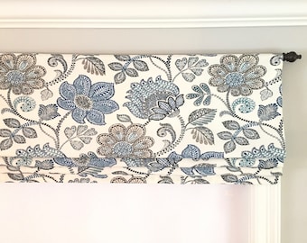 Faux (fake) flat roman shade valance. More colors available!  Custom Sizing. Richloom Solarium Outdoor Busan Denim.  Blue and White.