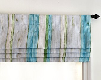 Faux (fake) flat roman shade valance. Custom Sizing. Susan Winget Coastal Living Driftwood Stripe Basketweave.