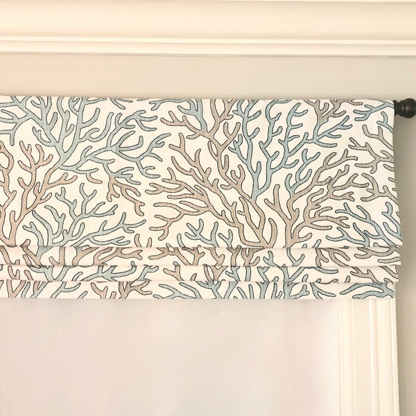 Faux (fake) flat roman shade valance.  Custom Sizing.  Scott Living Coral Reef Basketweave Harbor Luxe Linen.