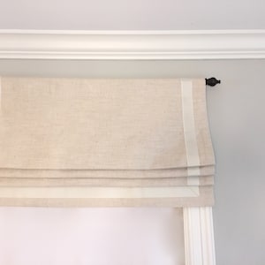 Faux (fake) flat roman shade valance.  Premier Prints Unprinted Slub Natural With Antique White Ribbon Trim.
