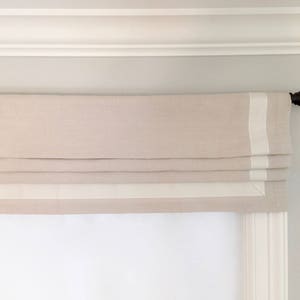 Faux Roman Shades With Grosgrain Ribbon. Premier Slub Linen Natural With Antique White.