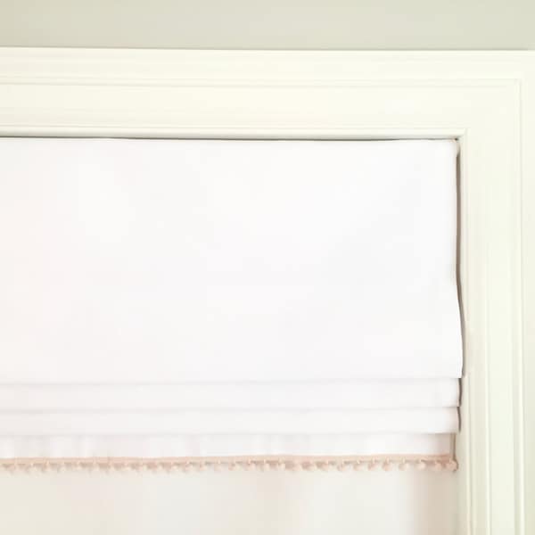 Faux (fake) Flat Roman Shade Valance. Custom Sizing. White Twill With Pom Pom Trim.  You Choose Color!