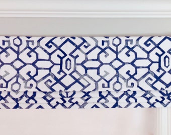 Faux (fake) Flat Roman Shade Valance.  Premier Prints Jing Regal Blue and White..  Other colors available.