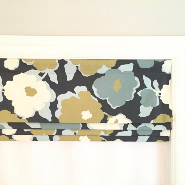 Faux (fake) flat roman shade valance.  Custom Sizing.  More colors available.  Robert Allen @ Home Top Floral Charcoal