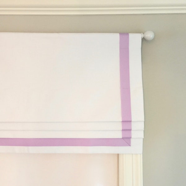 Faux (fake) flat roman shade valance with grosgrain ribbon trim.  White twill cotton fabric, you choose ribbon color!  Lavender.