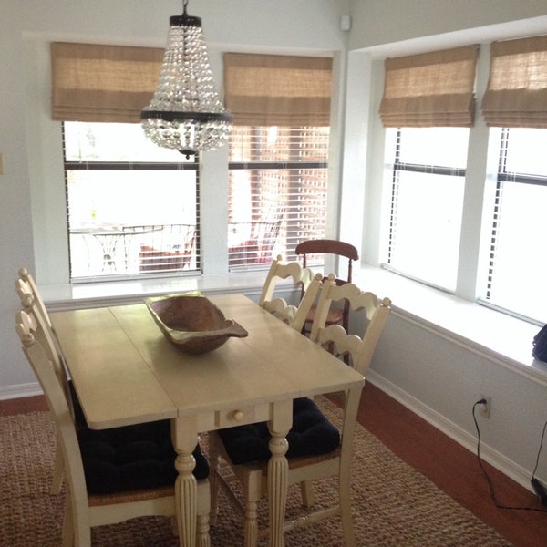 Faux (fake) flat roman shade valance.  Perfect solution!  Custom Sizing. Burlap Natural.