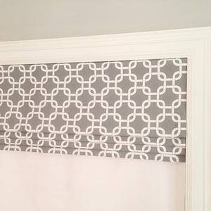 Faux (fake) flat roman shade valance.  Custom Sizing.  Premier Prints Gotcha Outdoor Grey.