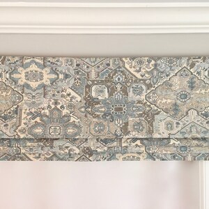 Perfect Solution!  Faux (fake) flat roman shade valance.  Custom Sizing.  Covington Naya Serenity.