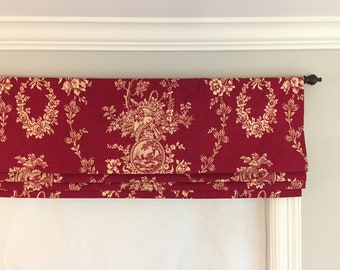 Faux (fake) flat roman shade valance. Custom Sizing. Waverly Country House Toile Red Linen.
