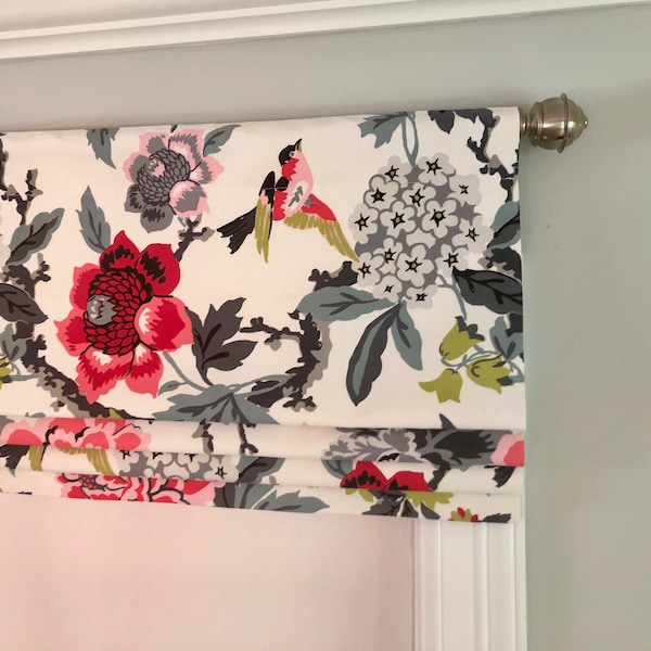 Faux (fake) flat roman shade valance.  Custom Sizing. Waverly Candid Moment Ebony. Red, Gray With Ivory Background.