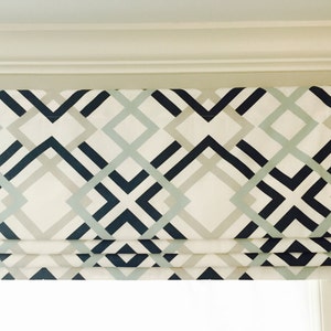 Faux (fake) flat roman shade valance.  Your choice of fabric (up to 10 dollars/yard) included!  Custom Sizing.  Winston Premier Navy.