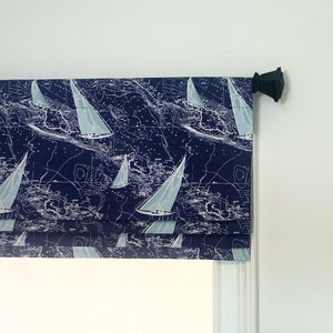 Faux (fake) flat roman shade valance. Custom Sizing. Premier Prints Sail Away Vintage Indigo.