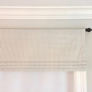 Faux (fake) Flat Roman Shade Valance.  Magnolia Home Fashions Berling Ticking Stripe Slate Grey.  Other colors available!