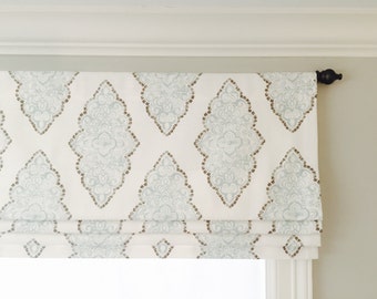Faux (fake) flat roman shade valance.  Your choice of fabric (up to 10 dollars/yard) included!  Custom Sizing.  Premier Prints Monroe Snowy