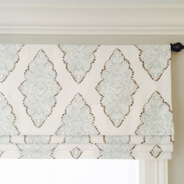 Faux (fake) flat roman shade valance.  Your choice of fabric (up to 10 dollars/yard) included!  Custom Sizing.  Premier Prints Monroe Snowy