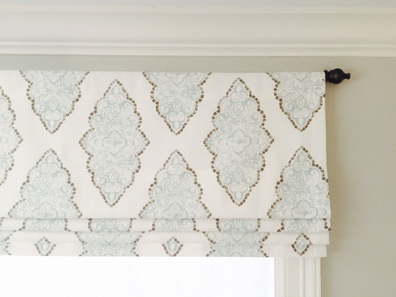 Faux (fake) flat roman shade valance.  Your choice of fabric (up to 10 dollars/yard) included!  Custom Sizing.  Premier Prints Monroe Snowy 