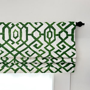 Faux (fake) flat roman shade valance.  Custom Sizing.  Premier Prints Jing Courtyard Green Slub Linen White.
