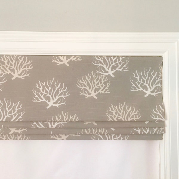 Faux (fake) flat roman shade valance.  Custom Sizing.  Premier Prints Isadella Coral Slub Coastal Grey/Natural.