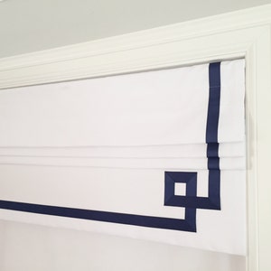 Faux (fake) flat roman shade valance, with greek key banding grosgrain ribbon.  The perfect solution!  You choose size and ribbon color!!