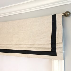 Faux (fake) flat roman shade valance.  Premier Prints Slub Linen Natural With Black Ribbon Trim.