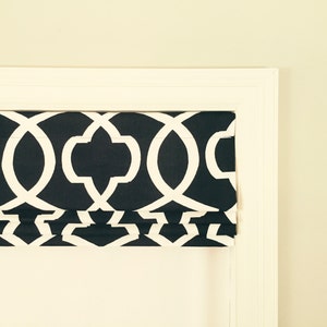 Faux (fake) flat roman shades, valance. Your choice of fabric (up to 10 dollars/yd) included!  Custom Sizing.  Premier Prints Morrow Navy