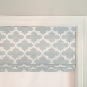 Faux (fake) flat roman shade valance. Custom Sizing. Premier Prints Carlo Spa Blue.