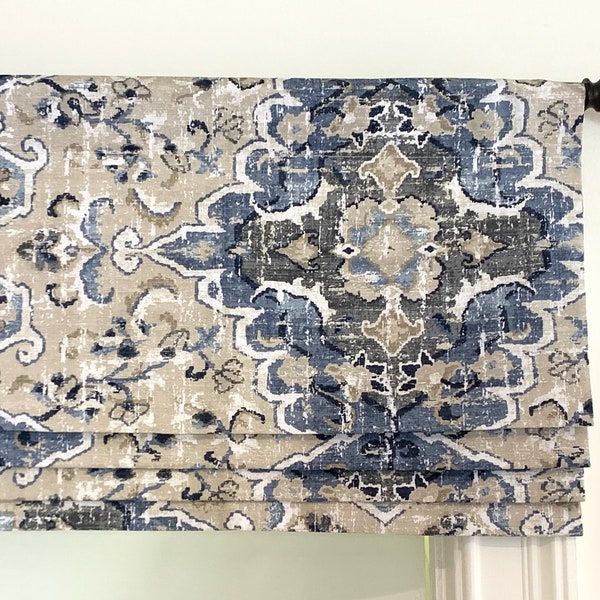 Faux (fake) flat roman shade valance. Custom Sizing.  Covington Sabra Bluebell.