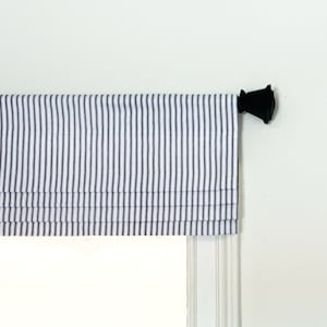 Faux (fake) flat roman shade valance. Custom Sizing. Premier Prints Classic Ticking Stripe Black and White.
