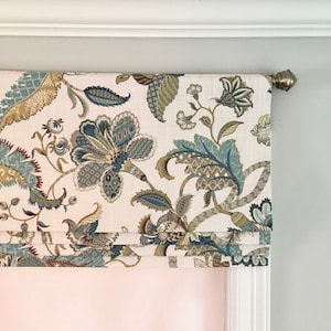 Faux (fake) flat roman shade valance. Custom Sizing. P. Kaufmann Finders Keepers French Blue.  Teal, Brown, Taupe On Ivory.